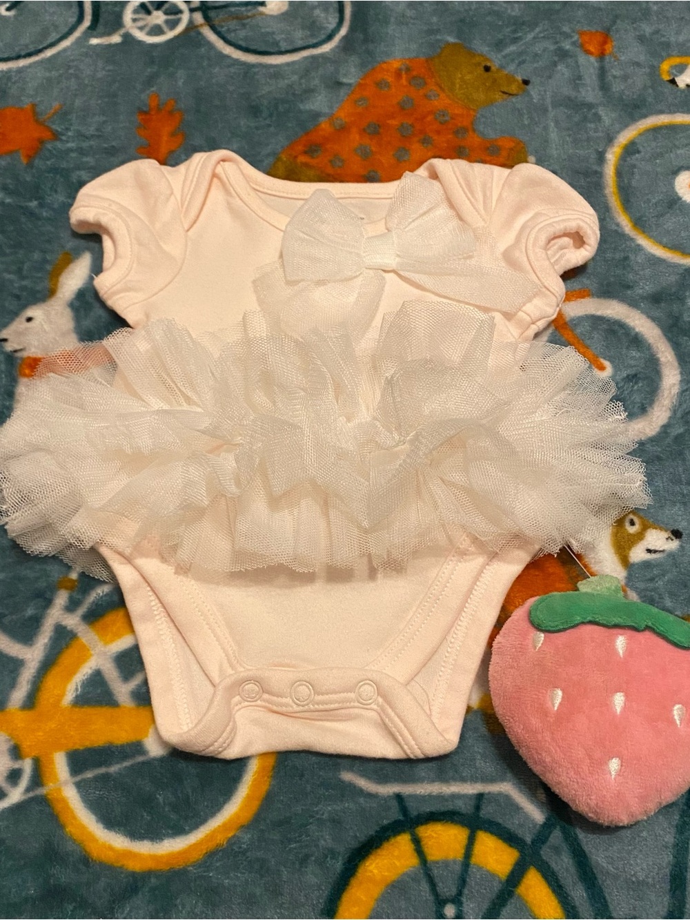 Newborn Baby Girl Tulle Tutu Onesie Pink w/ Strawberry Plush First Impressions